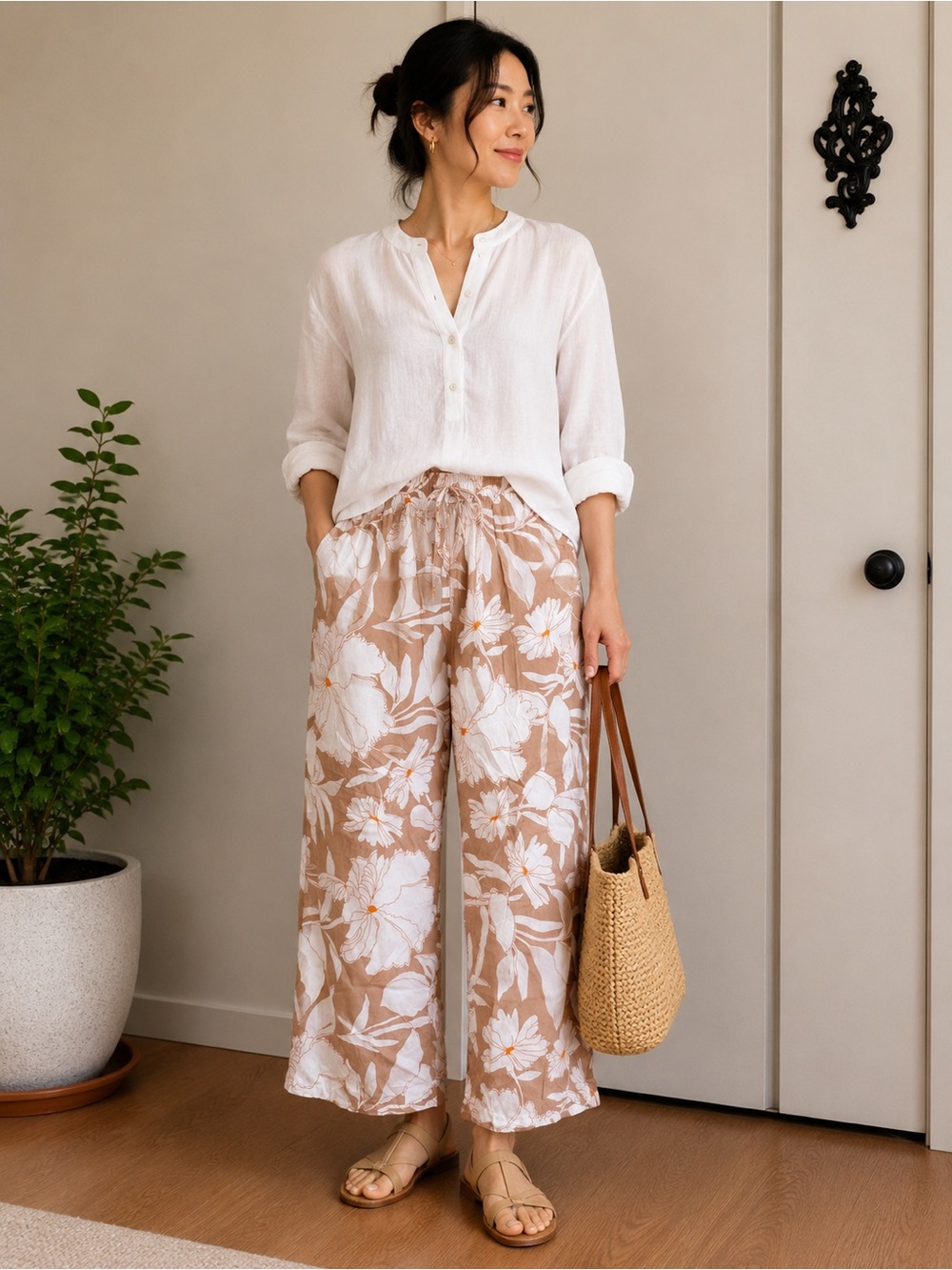 Women’s Tropical Floral Wide-Leg Pants – Beige/White – Size L/XL – NWT